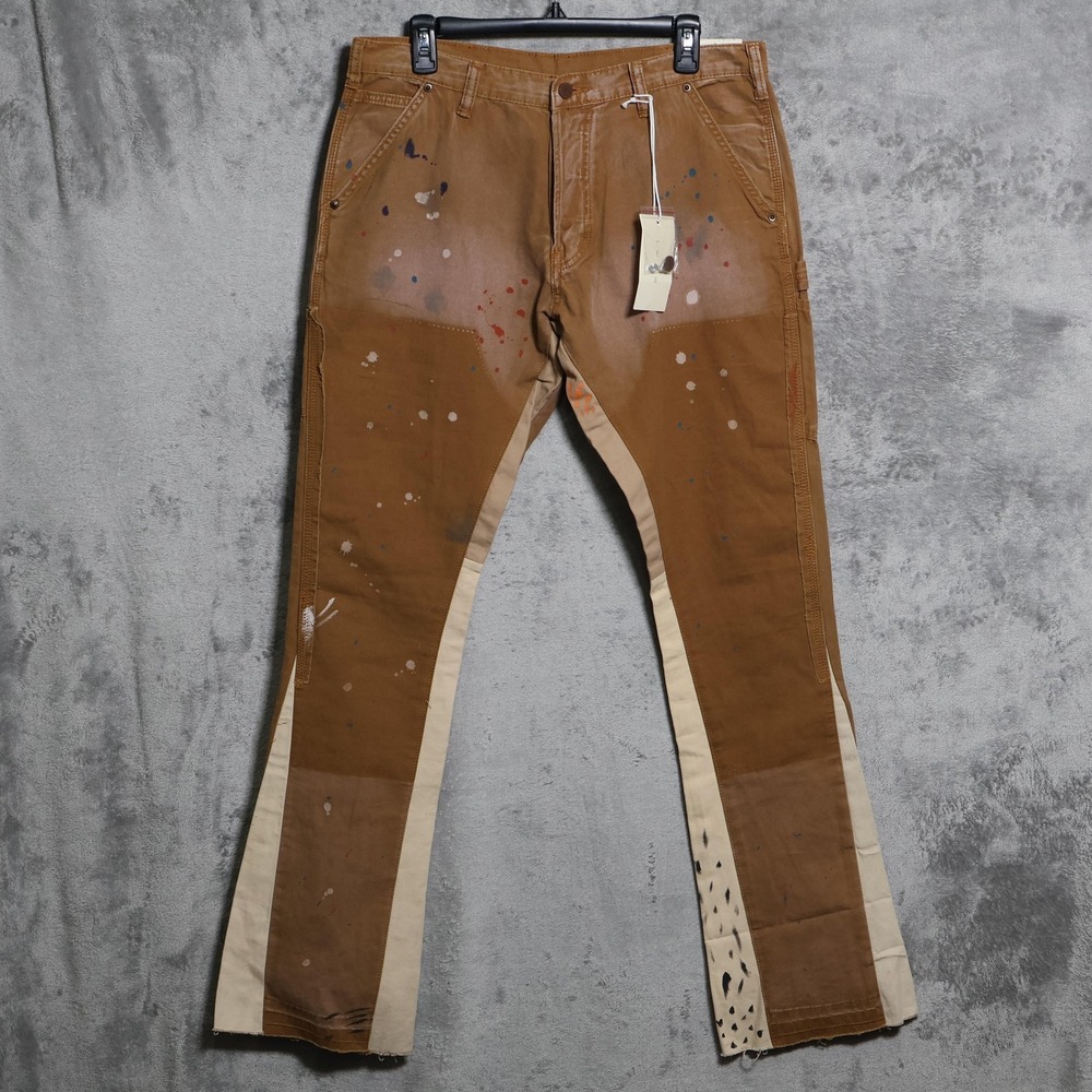 Mnml Jeans Mens 34x34 Brown Carpenter Flare Denim B243 Cargo Paint Splatter
